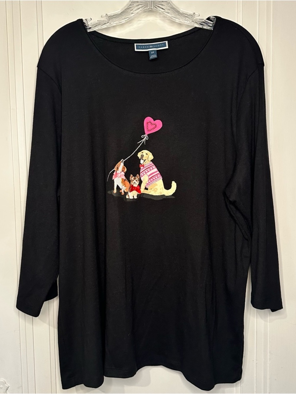 Karen Scott Black 3/4 Sleeve Tee with Pink Heart and Multicolor Puppy Graphic